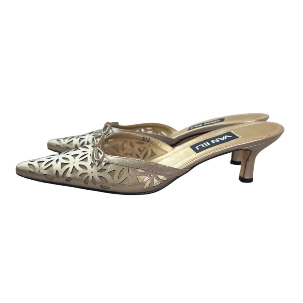 VAN ELi Gold Leather Kitten Heel Mules Size 8 Pointed Toe Slip On Italy - Picture 5 of 10